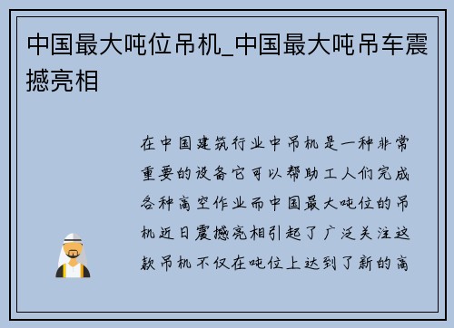 中国最大吨位吊机_中国最大吨吊车震撼亮相