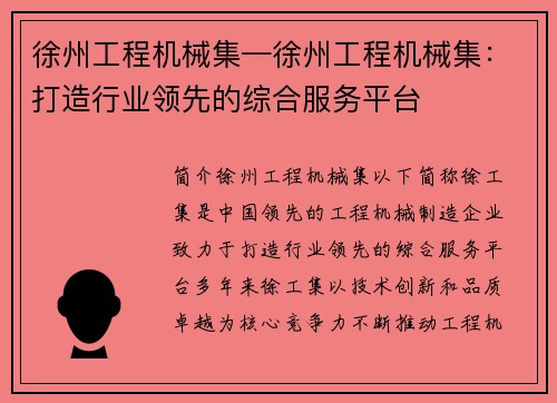 徐州工程机械集—徐州工程机械集：打造行业领先的综合服务平台